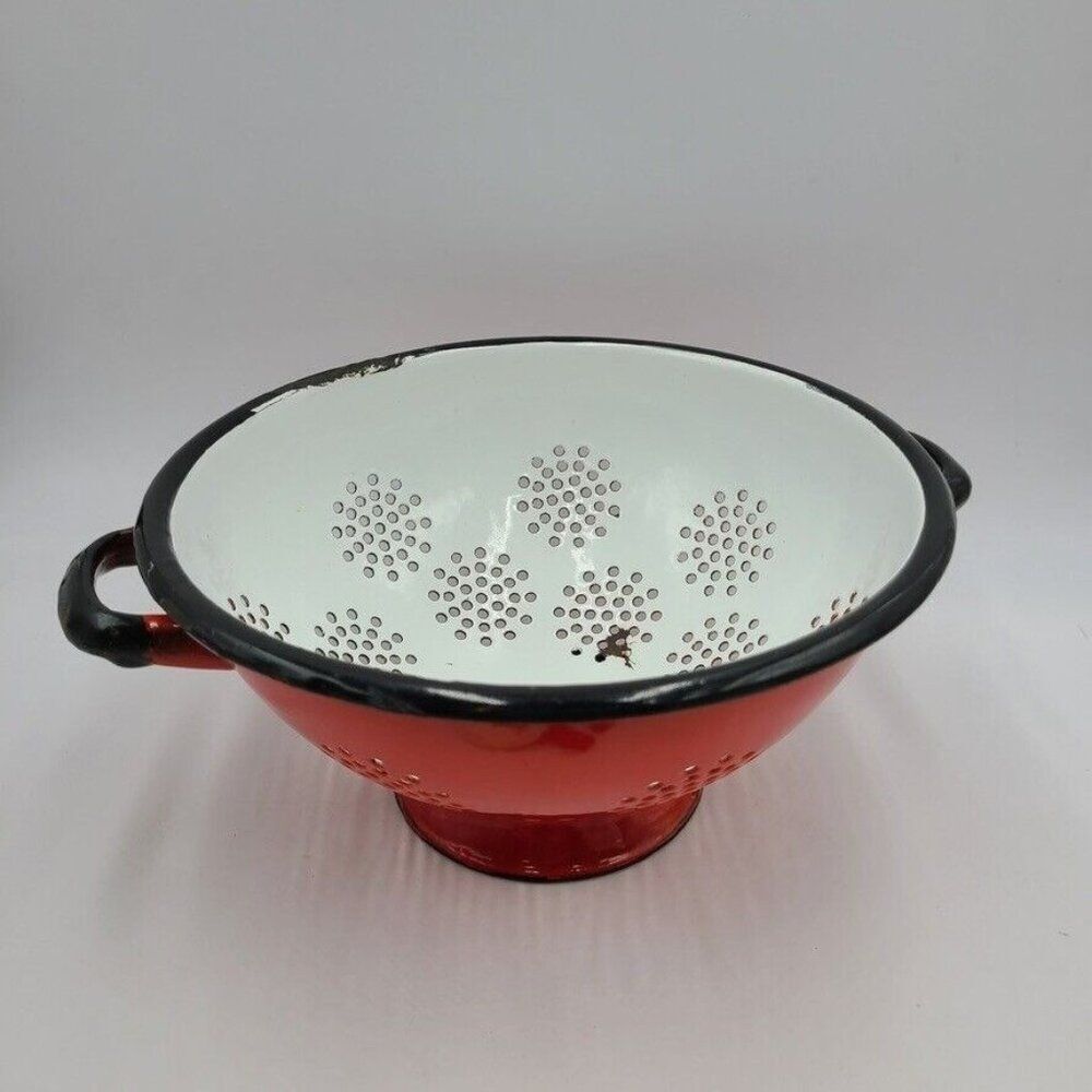 Vintage Red Black Enamel Enamelware Colander Strainer Farmhouse